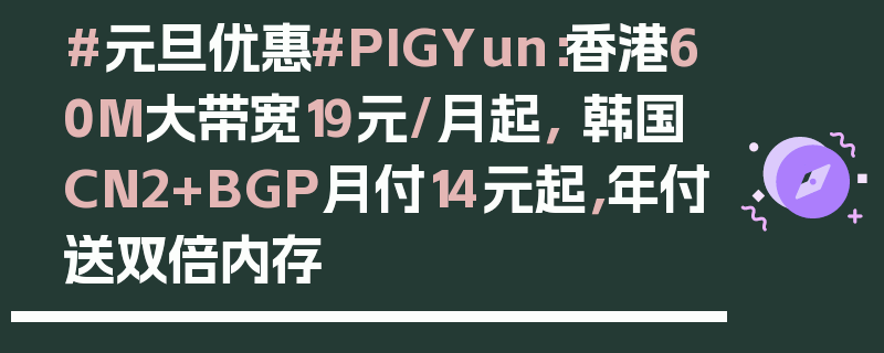 #元旦优惠#PIGYun：香港60M大带宽19元/月起， 韩国CN2+BGP月付14元起，年付送双倍内存