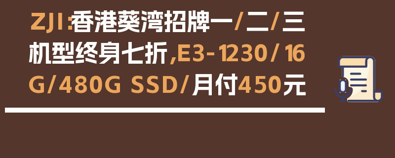 ZJI：香港葵湾招牌一/二/三机型终身七折，E3-1230/16G/480G SSD/月付450元