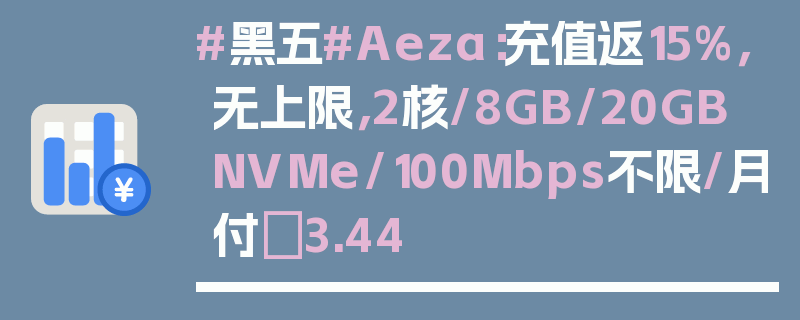 #黑五#Aeza：充值返15%，无上限，2核/8GB/20GB NVMe/100Mbps不限/月付€3.44