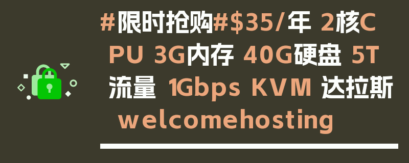 #限时抢购#$35/年 2核CPU 3G内存 40G硬盘 5T流量 1Gbps KVM 达拉斯 welcomehosting