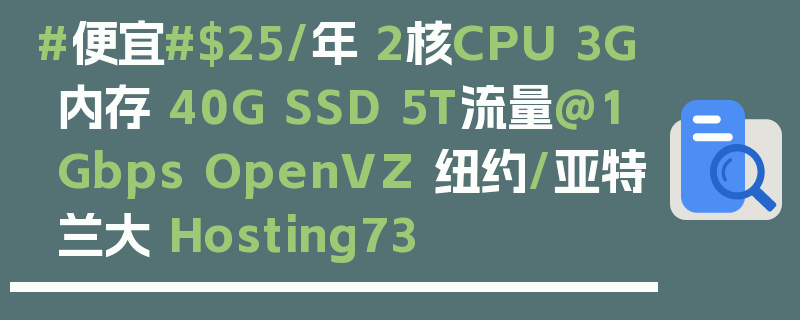 #便宜#$25/年 2核CPU 3G内存 40G SSD 5T流量@1Gbps OpenVZ 纽约/亚特兰大 Hosting73