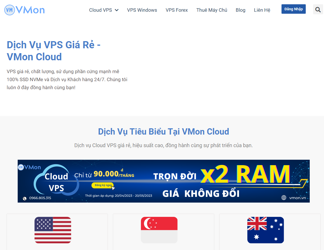 VMon：越南 Vps，1 核/2GB 内存/30GB SSD/1TB 流量/1Gbps 端口，$4.9/月，另可选新加坡/美国/澳大利亚等机房